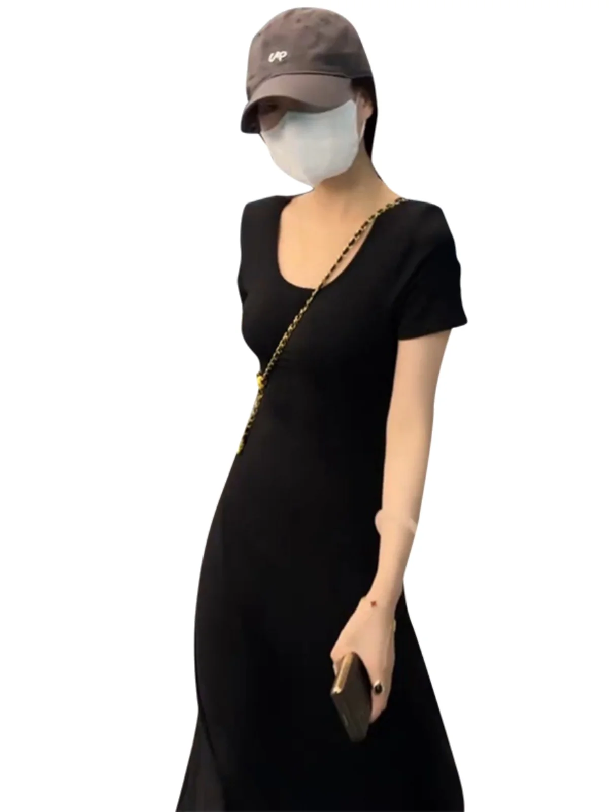 Корейская серия черное платье с короткими рукавами и открытой спиной женское