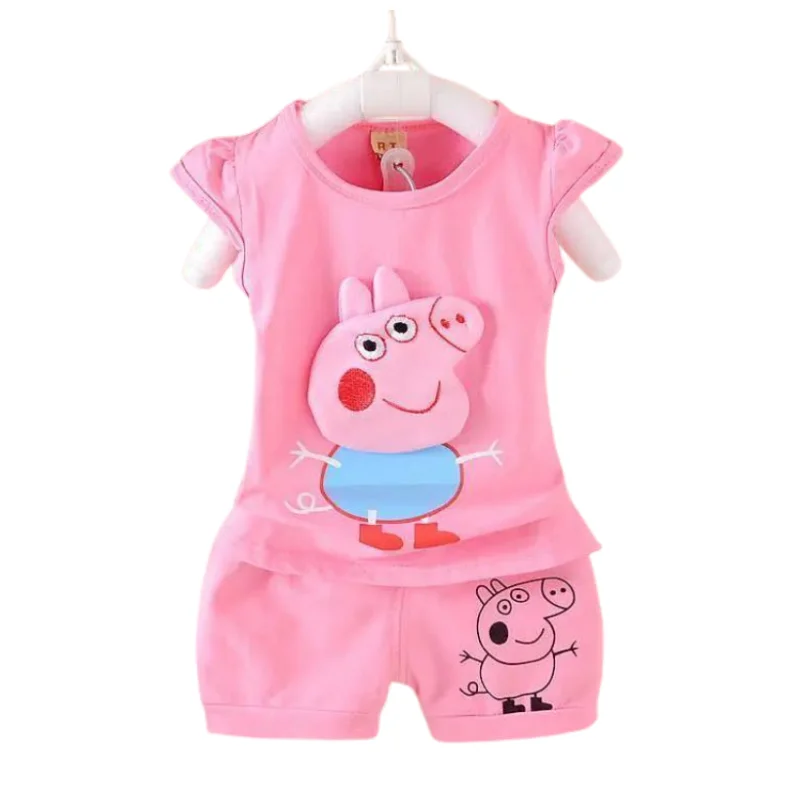 

Peppa Pig Kawaii children's clothing two-piece baby girl clothes summer cartoon cute short-sleeved T-shirt set holiday gift