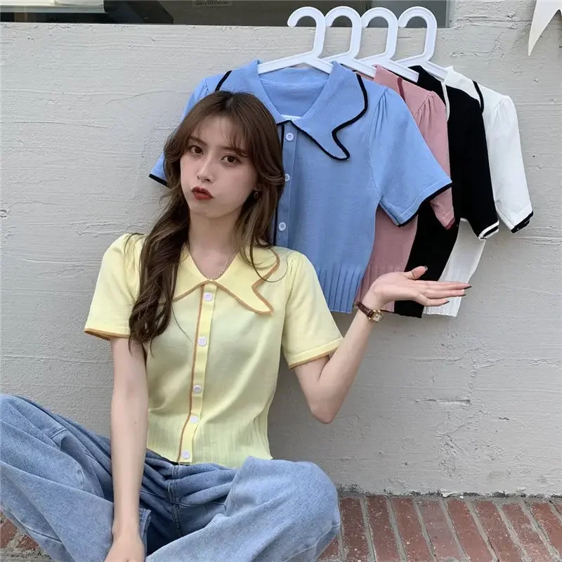 Женские футболки с воротником Питер Пэн трикотажная одежда коротким рукавом