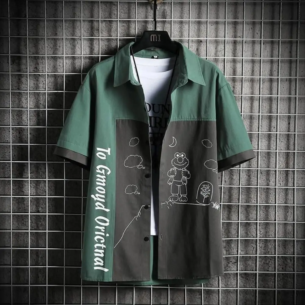 

Summer Black Short Sleeve Shirt Men 2023 Contrast Color Loose Printed Cartoon Patchwork Japanese Streetwear Fashion Hip Hop
