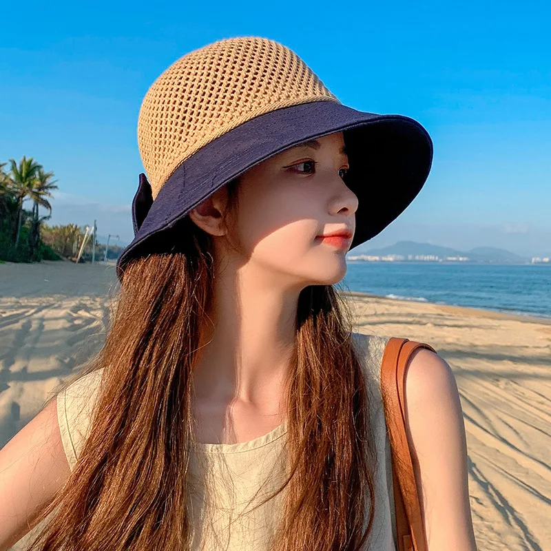 Fashion Summer Hat Female Sunscreen Hat Sun Hat Mesh Breathable Sun Hat Bow Fisherman Hat Outdoor Travel Straw Hat