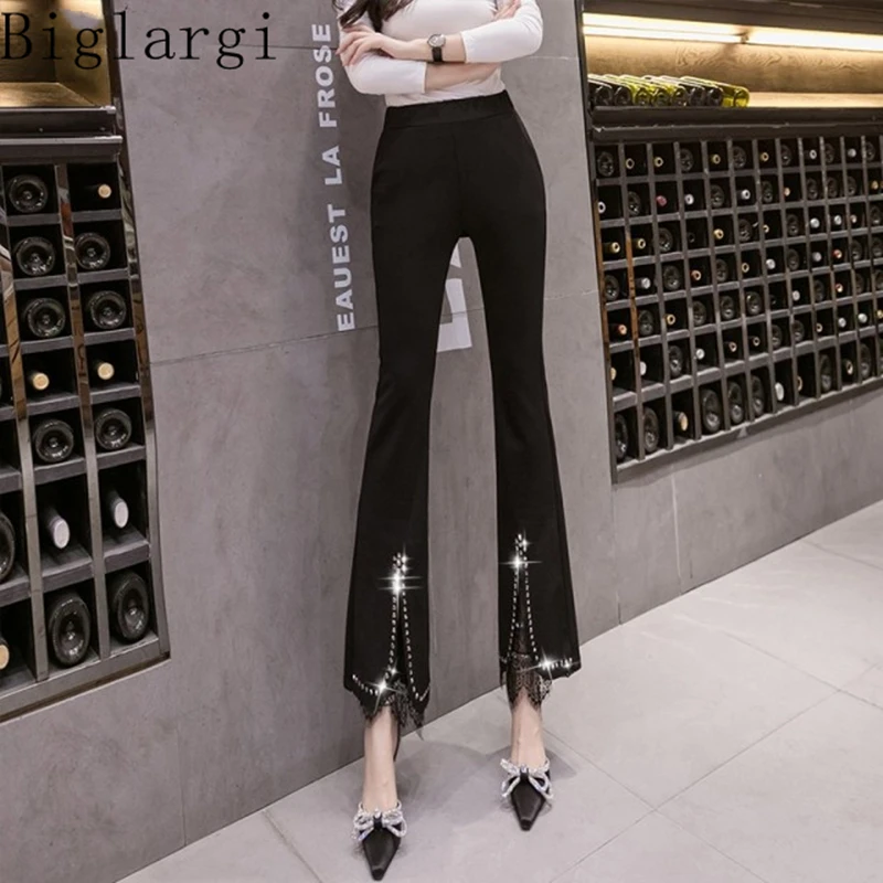 

Lace Mesh Sequins Pants Women Fashion High Waist Spring Nail Bead Diamond Flare Fork Pants Black Trousers