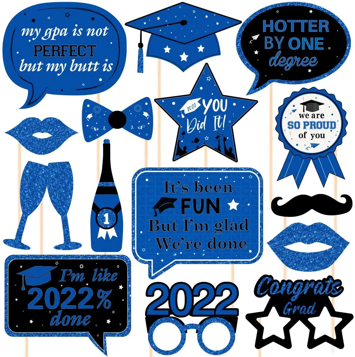 

JOLLYBOOM 30pcs Blue Graduation Photo Props Glasses Bow Tie Hat for Class of 2022 Congrats Graduation Party Decoration Supplies
