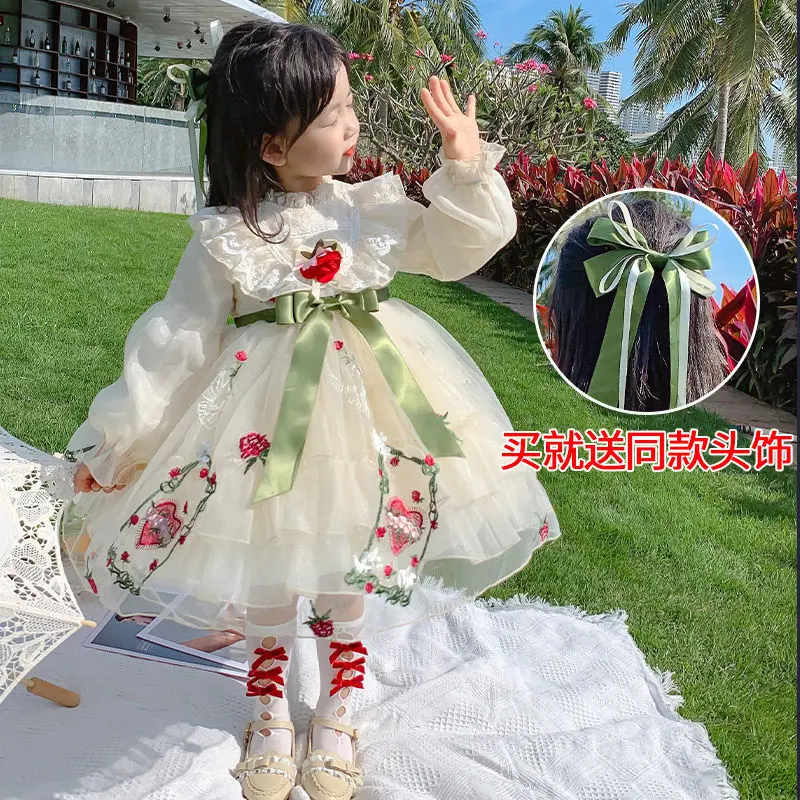 

Girl's Sweet Princess Dress Collared Bowtie Lace Ruffle Cosplay Outfit Girl Kawaii Long Sleeves Chiffon Fancy Dress