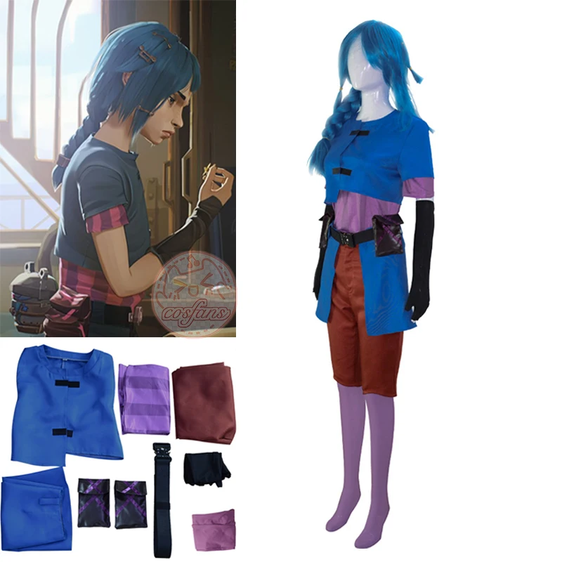 Фото Аниме игра LOL Arcane Powder косплей Jinx костюм детства младшего возраста униформа синее пальто брюки аксессуары для девочек №1