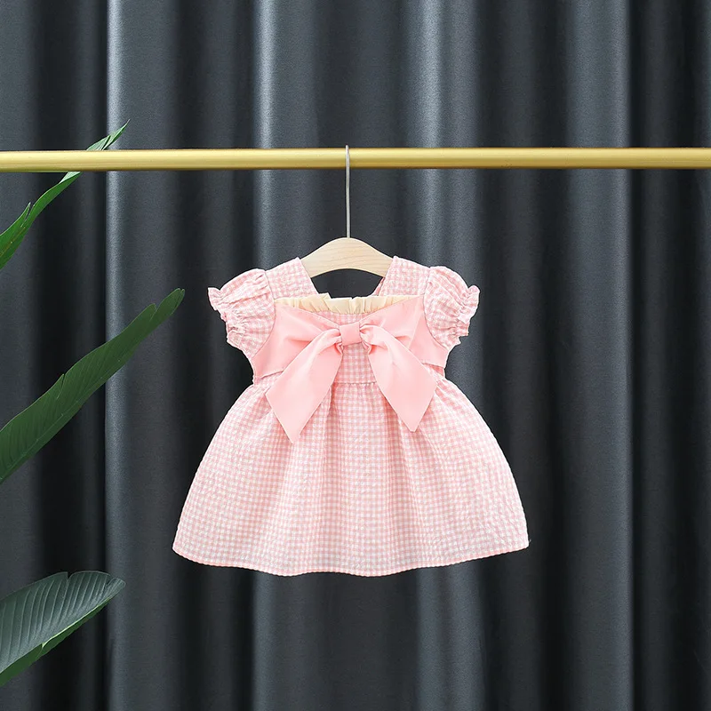 

Toddler Baby Dress Cute Summer New Short Sleeve Plaid Big Bow Dress Infant Girls Clothing Princess Dress