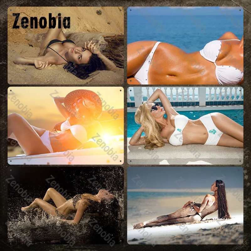 

Sexy Metal Poster Sunlight Seaside Bikini Girls Metal Poster Tin Signs Wall Stickers Tin Painting Plate Vintage Plaque Bar Decor
