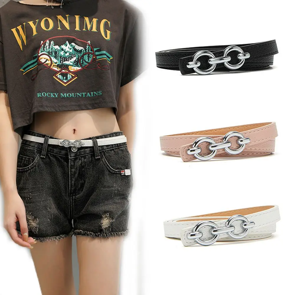 

Double Ring Chain Waist Strap For Girls Vintage PU Leather Dress Decoration Women Thin Waistband Korean Leather Belt