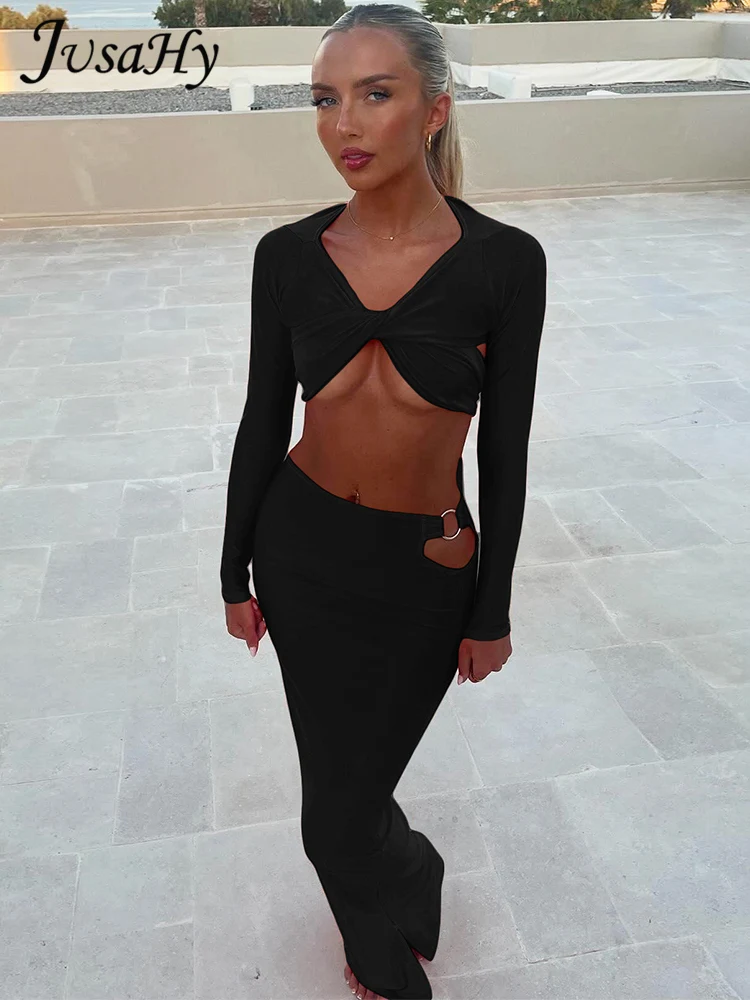 Осенний пикантный костюм Jusahy до щиколотки с юбкой в стиле High Street K24S55243 однотонный