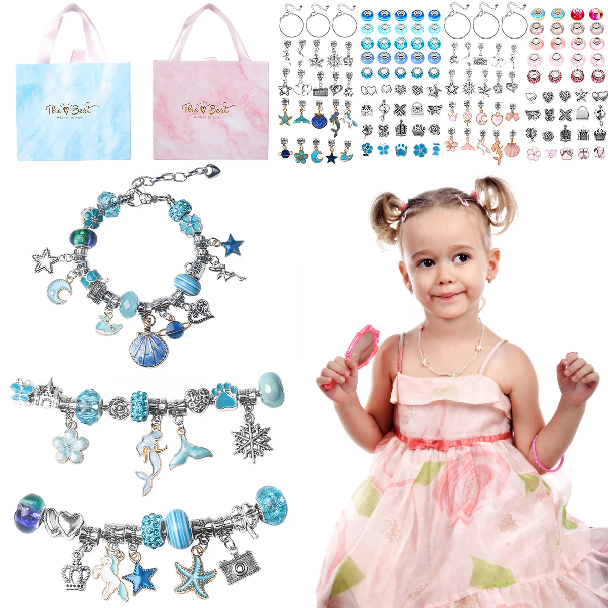 

63 шт., аксессуары для браслетов для девочек, подарки, товары для изготовления ювелирных изделий, включая разноцветные бусины, подвески «сдел...