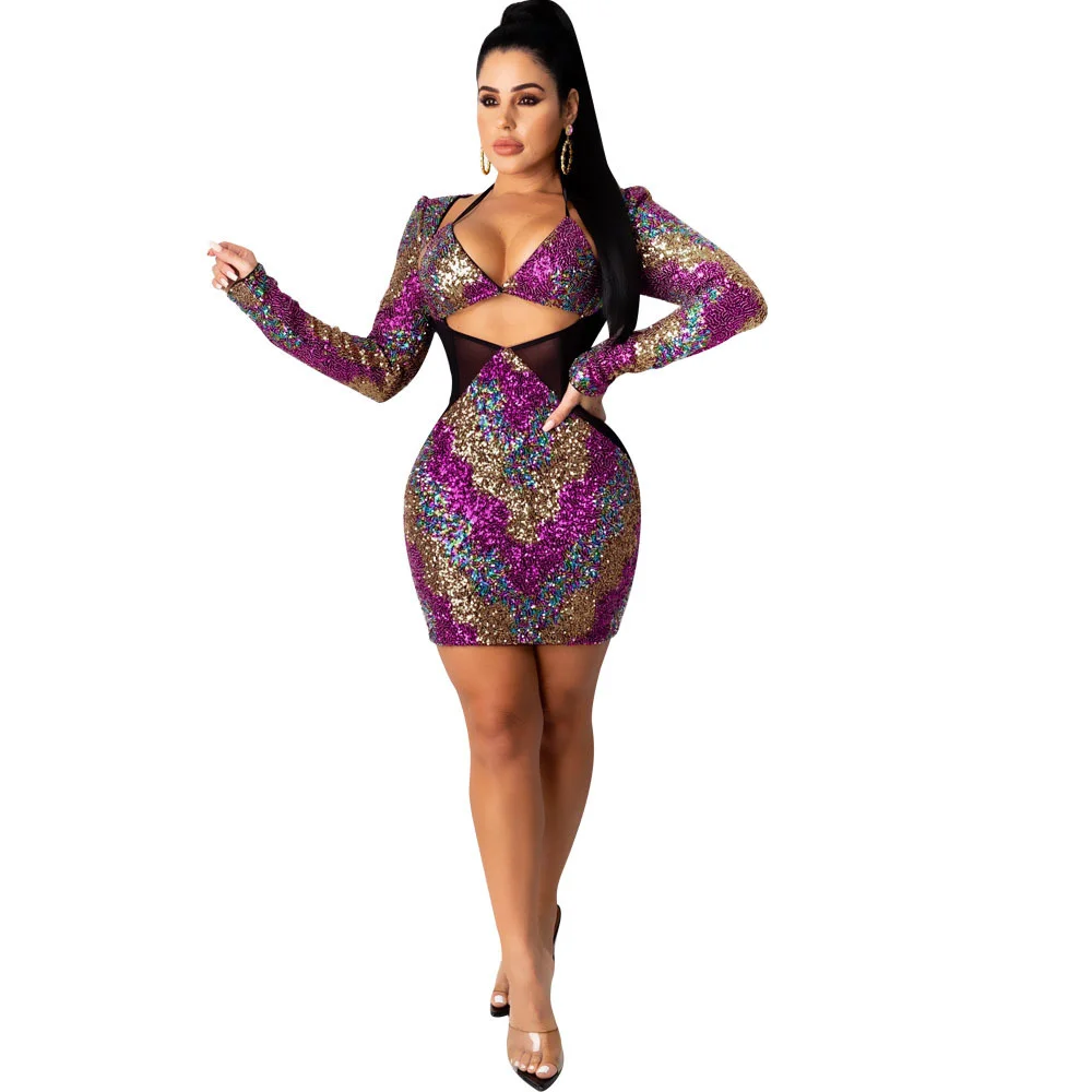 

Zoctuo Long Sleeve Dress Nightclub Party Dresses Sexy Bodycon Vestido Sequin Bead Shiny Sparkly Wrap Chest Clothing Y2k Elegant