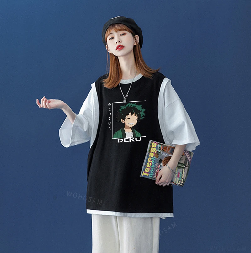 

Fashion Anime My Hero Academia Midoriya Deku Kawaii Print Short Sleeve T-shirts Harajuku Summer Women Fake Two Pieces T Shirt