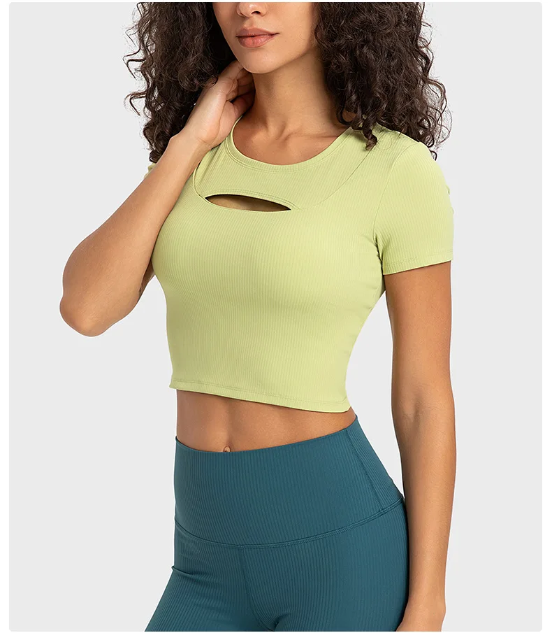 Women's Short Sleeve Top Shirts Gym Yoga Sport Womens Clothing Rib Fabric Crop Top T-shirts Outdoor Jogging Fitness Sportswear
