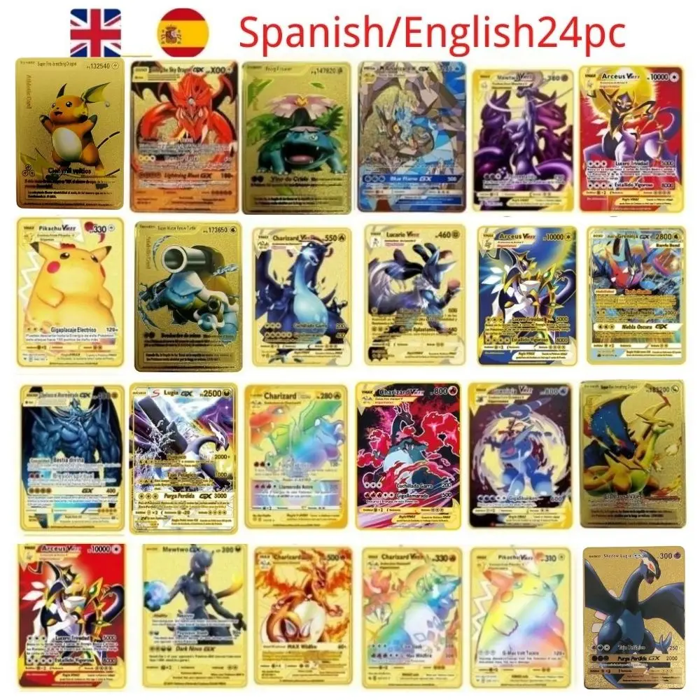 

Английские/испанские 24 шт., металлические карты покемона, испанские Покемоны, железные карты Mewtwo Pikachu Gx, Charizard Vmax, карты, покемон