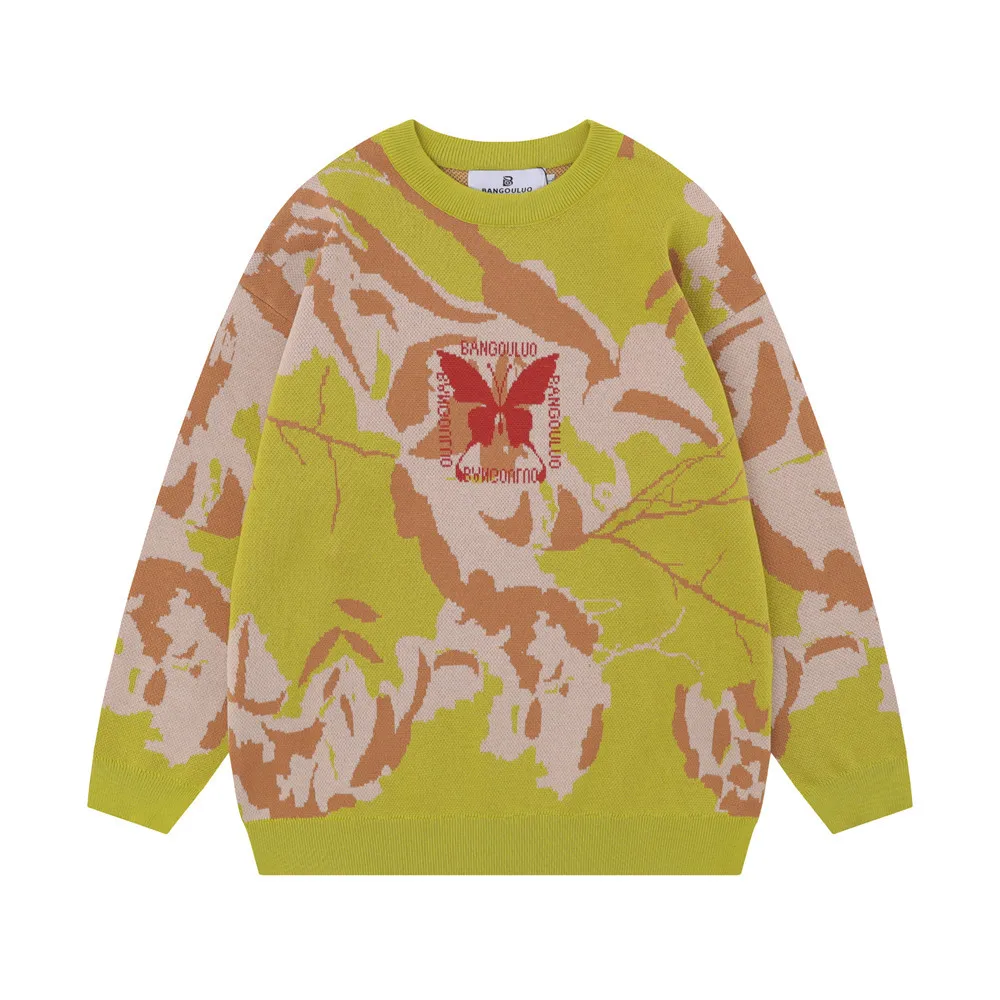 

Autumn Winter Men Butterfly Printed Sweater Contrast High Street Loose Comfortable Knitwear Fashion Casual Long Sleeve Pullover