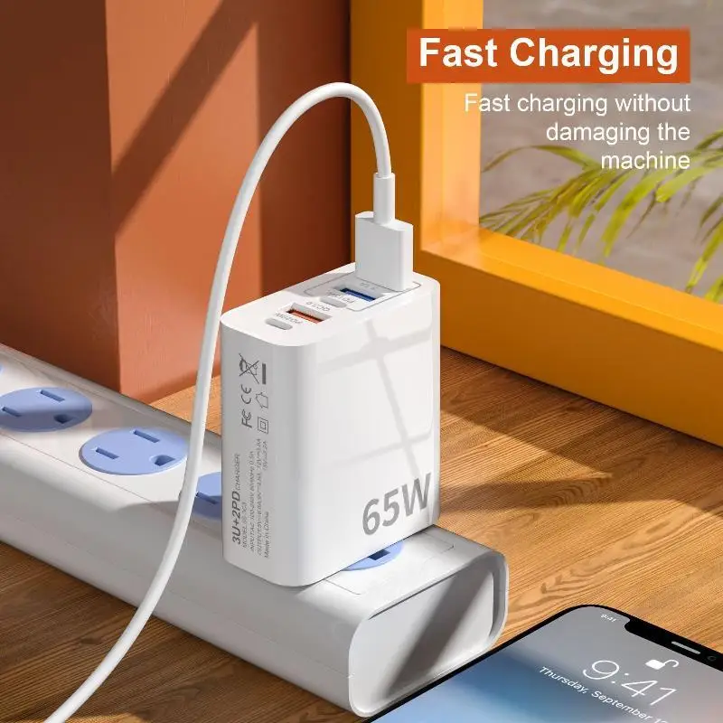 Фото Быстрое зарядное устройство для стен 120W с 3 портами USB QC30 и 2 портами PD для быстрой зарядки телефонов, планшетов и ноутбуков в путешествиях, дома и офисе №3