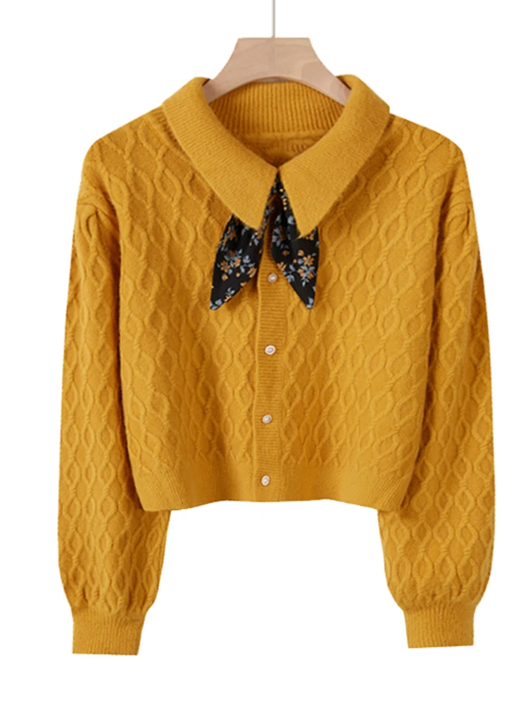 

Autumn Winter Short Twist Sweater Women Long Sleeve Single Breasted Knit Cardigan Sweter Jacket Top Femme Bow Scarf