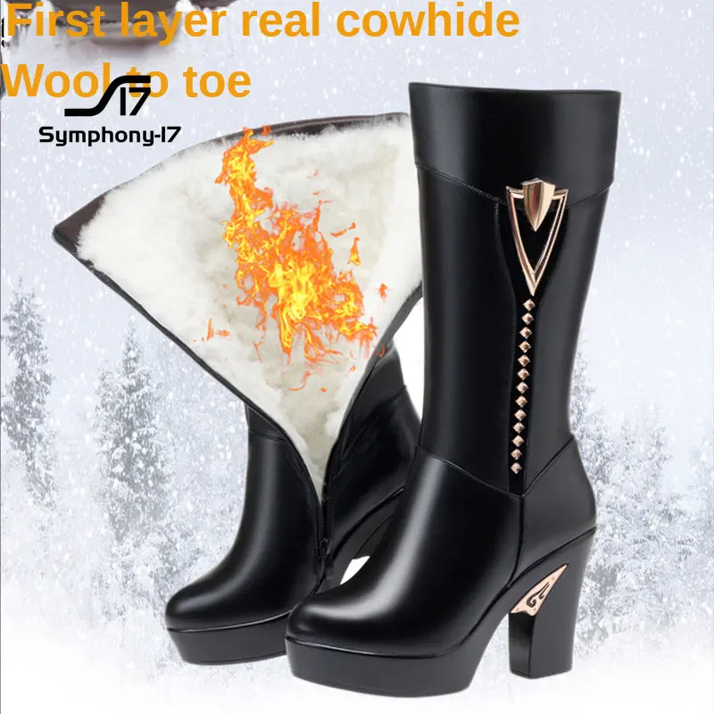 Autumn/winter new leather women's boots high-heeled platform platform block heeled Martin high boots cotton boots wool interior