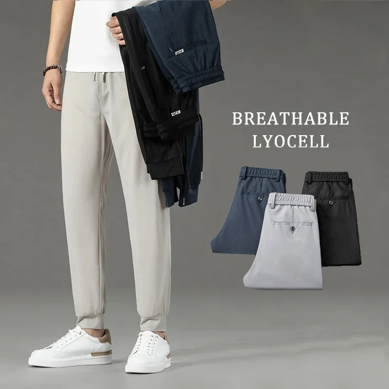 

Summer Lyocell Thin Men's Casual Pants Breathable Comfortable High-quality Drape Straight Baggy Elastic Male Trousers