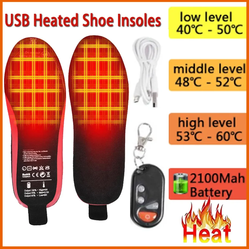 

2100Mah Battery Rechargeable Heated Shoes Insoles Wireless Remote Controlled Adjustable Temp Foot Warmer For Men Women Skiing