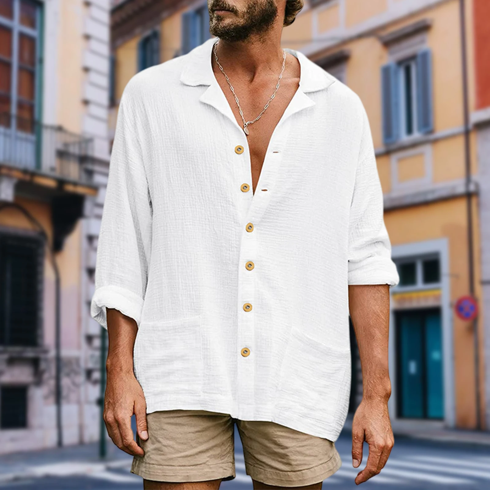 

Spring Summer Men Casual Solid Color Loose Shirt Long Sleeved Lapel Single breasted Shirts Men's Fashion Double Pocket Shirt New