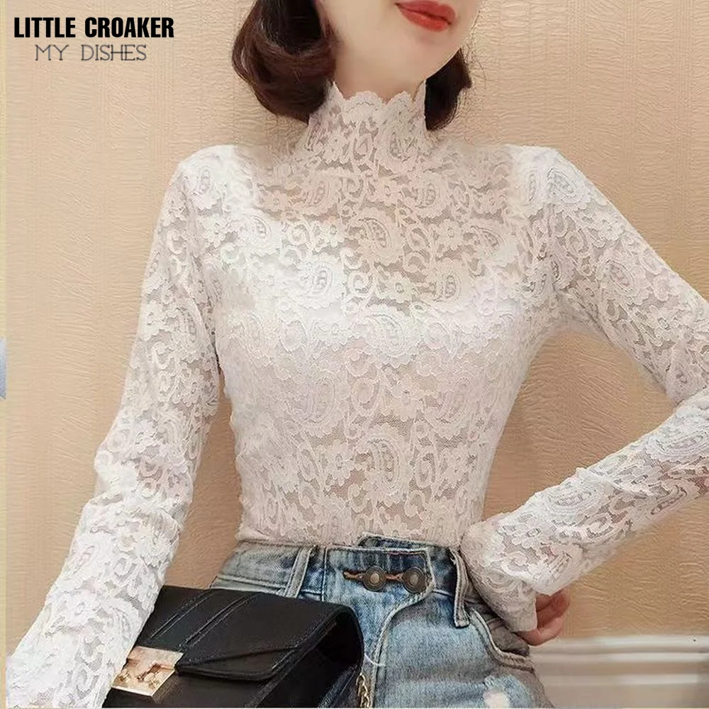 

Korean Fashion Ladies New Women Sexy Embroidery Lace Blouse Feminine Stand Neck Long Sleeve Shirt Plus Blouse Gothic Clothes