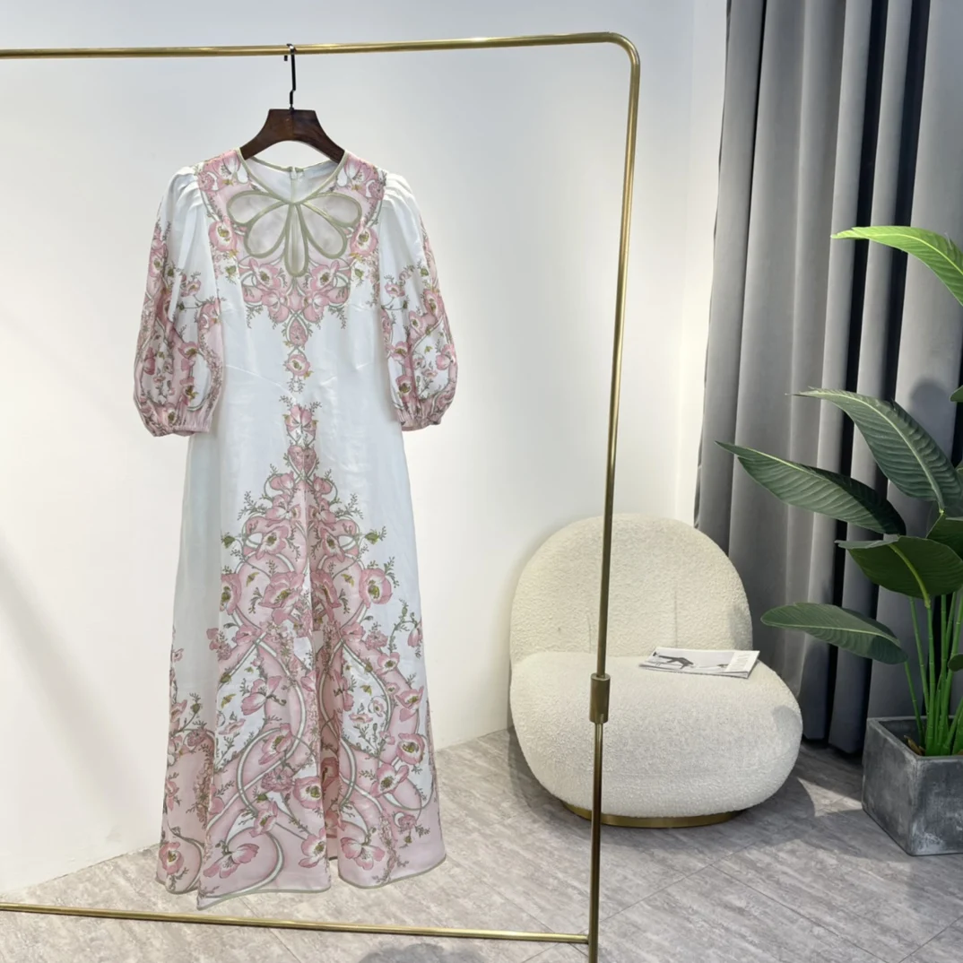 

Summer New 2022 Hollow Out Holes Half Lantern Sleeve High Quality Pink Flowers Print Vintage Linen Dresses