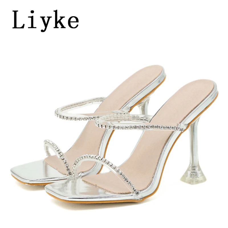 

Liyke Summer Party Wedding Shoes Women Mules High Heels Sexy Slippers Fashion Square Toe Crystal Rhinestone Transparent Sandals