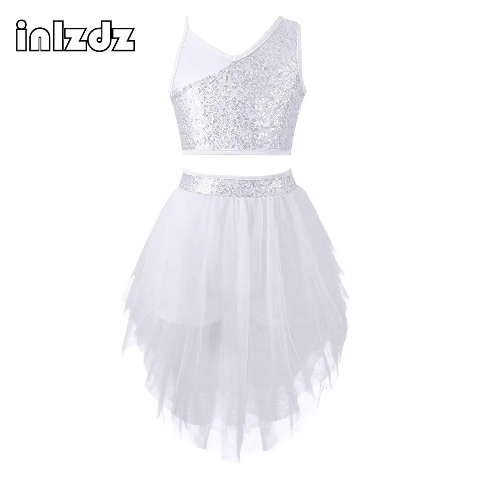 

Kids Girls Sleeveless Irregular Sequins Ballet Dance Dress Outfit Ballerina Ballroom Dancing Crop Tops with Tulle Skirt Set