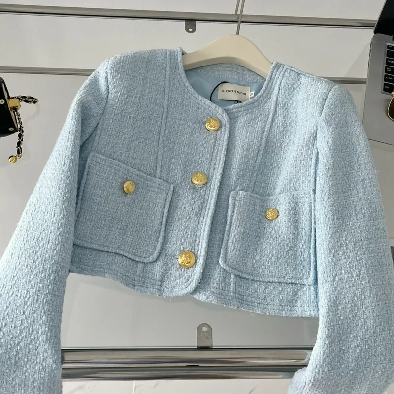 

2022 Autumn Small Fragrant Woman Tweed Coat Casual All Match Temperament Cardigan Elegant Golden Buttons Vintage Short Tops