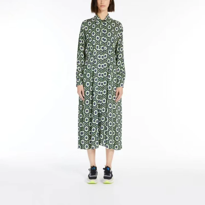 

2023 Spring and Summer New Retro Long Geometric Print Long-sleeved Lapel Women Dress