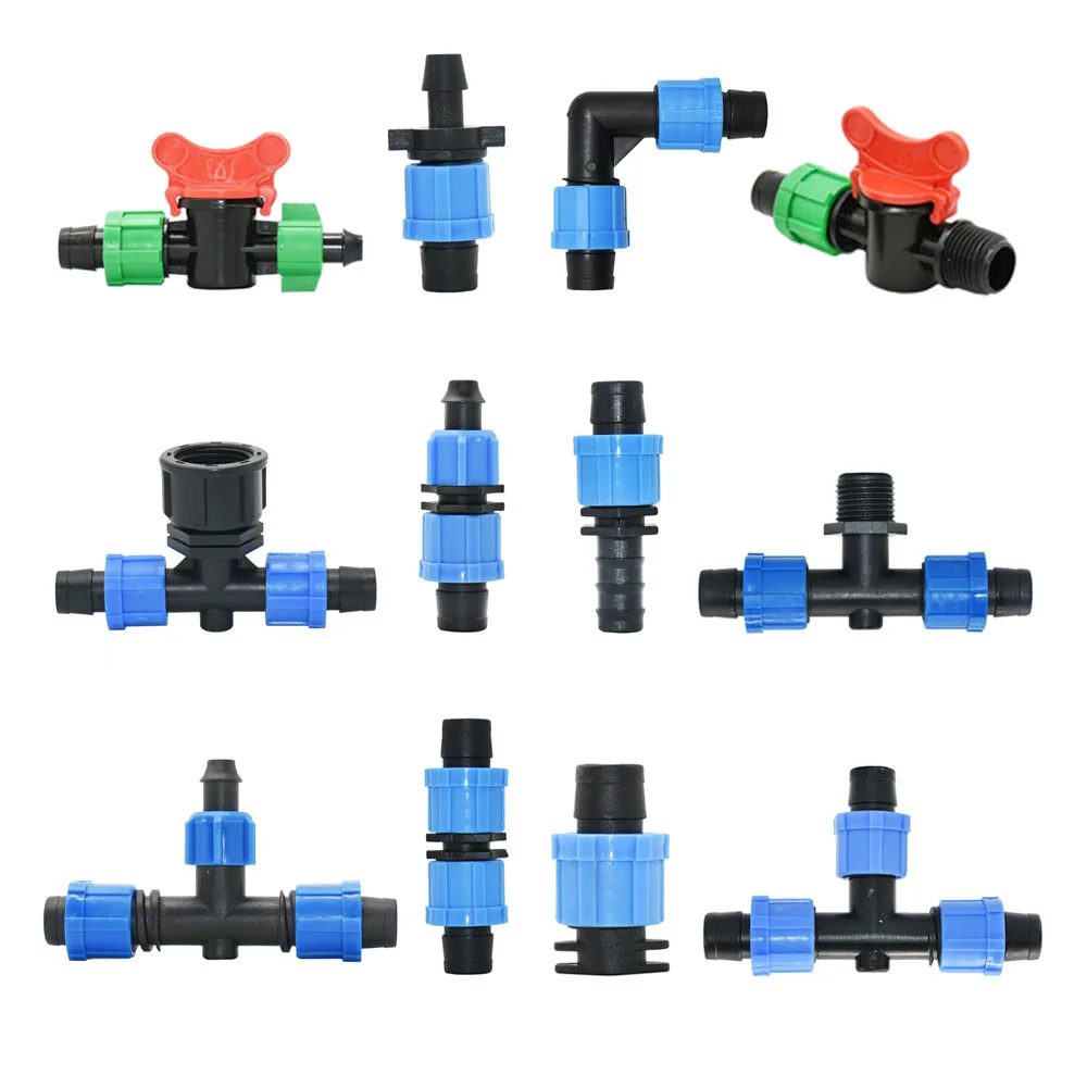 16mm Micro Irrigation Drip Tape Connectors Tee Repair Elbow End Plug Tap Fittings Locked Hose Joints Greenhouse Coupler
