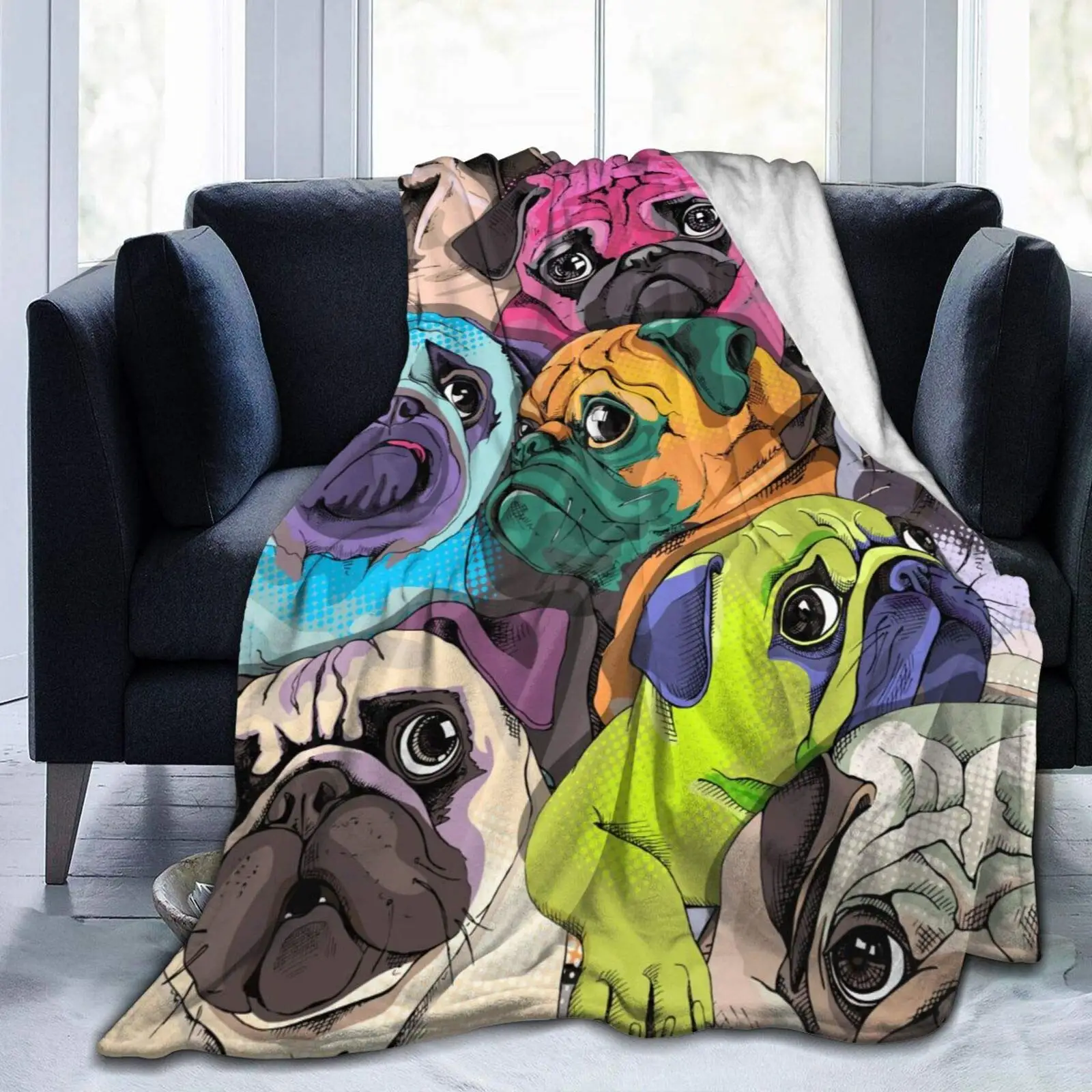 

Мягкое фланелевое одеяло, супер мягкое покрывало для кушетки, кресла, дивана, кровати, рисования Мопсов, забавных щенков