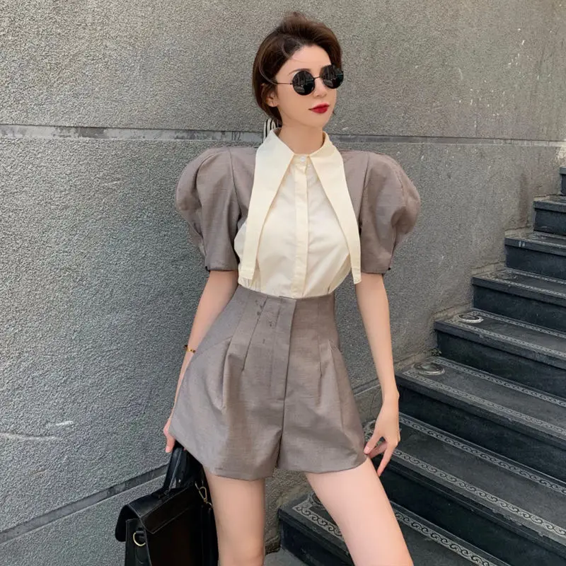 

2022 Summer Women's Fashion Retro Suits Female Short Sleeve Contrast Color Shirts and Loose Shorts Ladies Two-piece Sets Y151