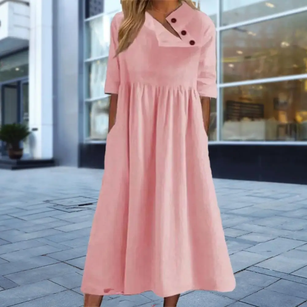 

Pullover Dress Popular Comfy Diagonal Collar Pure Color Loose Hem Summer Dress Streetwear Party Dress Women Dress