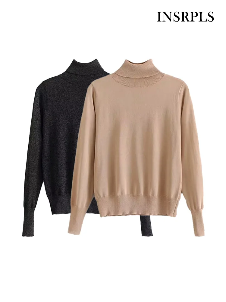 

INSRPLS Women Fashion Basic Turtleneck Knit Sweater Vintage High Neck Long Sleeve Female Pullovers Chic Tops