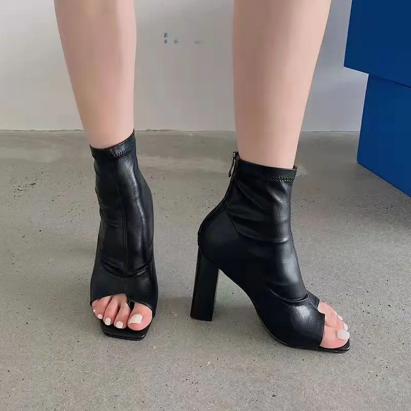 

Fashion Peep Toe Ankle Boots 2022 Women PU Thin High Heels Shoes Women Gladiator Sandals Sexy Chelsea Boots zapatos mujer