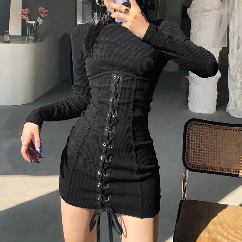 

Women's Black Sexy Super Slim Knitted Dress Turtle Neck Bandage Tie-up Long Sleeve Mini Dress for Women