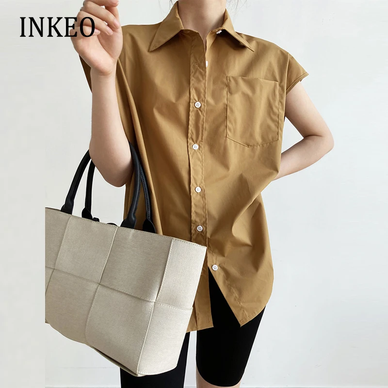 

Designer Camel Women Sleeveless shirt 2022 Summer White Oversized Pleated button-up blouse Ladies Tops Elegant Loose INKEO 2T112