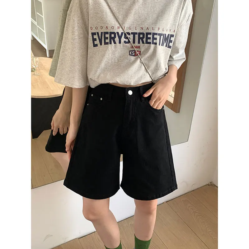 Summer Retro Brown Shorts for Women Korea High Waist Black Shorts Loose Button Solid Classic Knee-length Shorts BF Streetwear