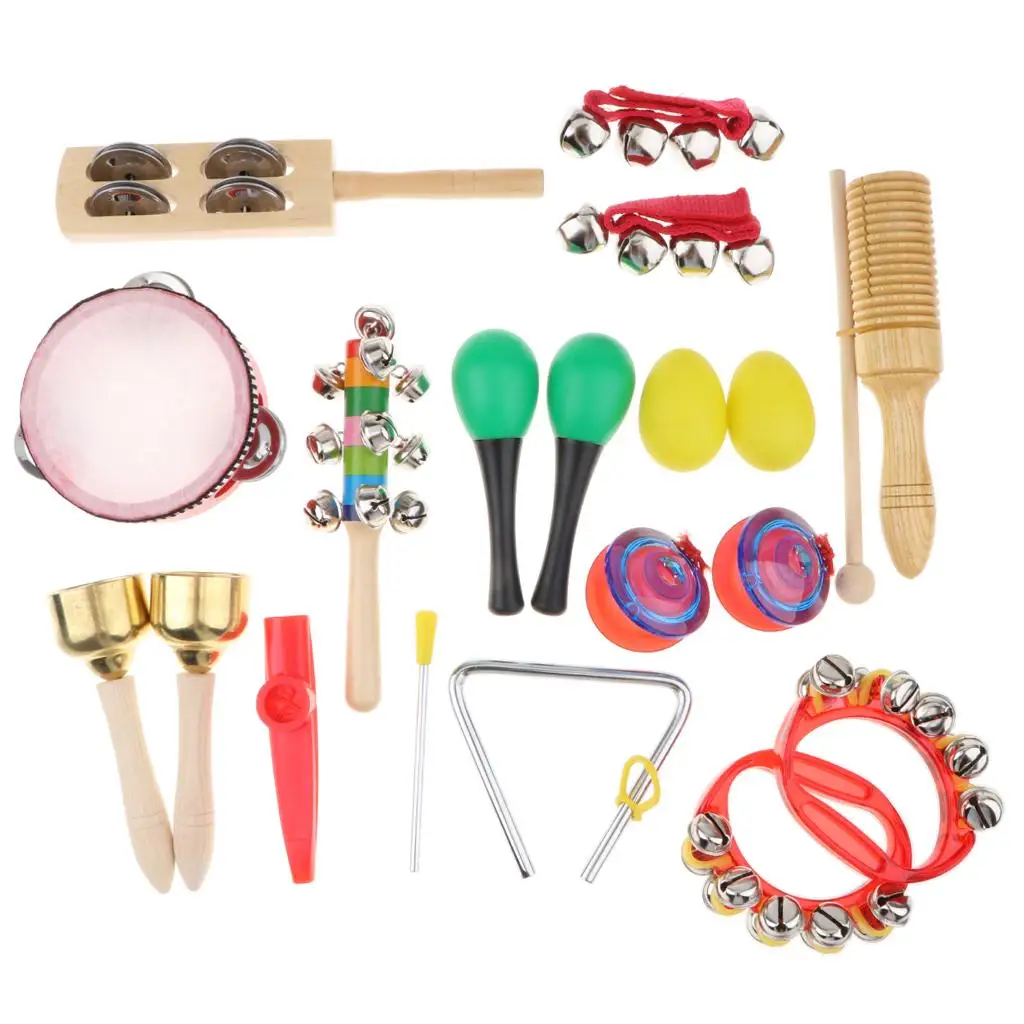 Musical Instruments 18 pcs 12 in 1 Music Rhythm Percussion Toy Set Educational for Kids Tambourine Claves Handbell Bag