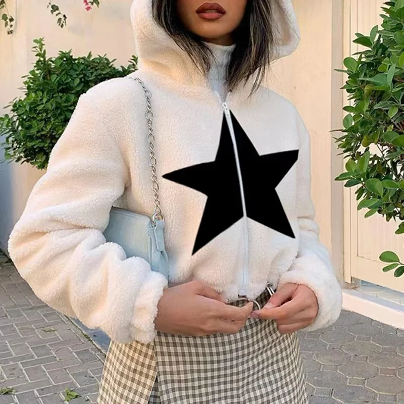 

New fall hooded zipper cardigan loose casual contrast color five-pointed star lamb coat for women