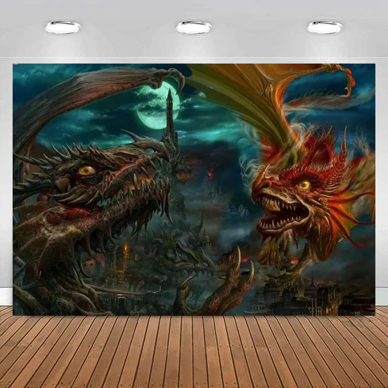 

Ancient Myth Tow Dragons Are Fighting Backdrop Photography Decoration Banner Background Birthday Party Bedroom Adult Kids Man