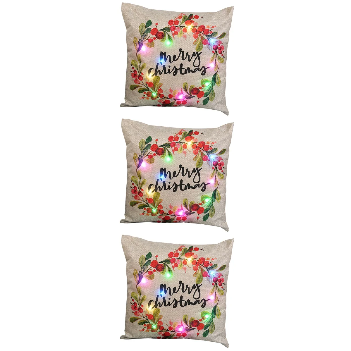 

3pcs Christmas Throw Pillow Cover with LED Lights Linen Decorative Cushion Cover