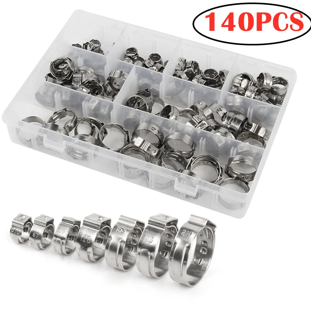 

140pcs Single Ear Stepless Hose Clamps 7-21mm 304 Stainless Steel Hose Clamps+ 1PC Hose Clip Clamp Pliers