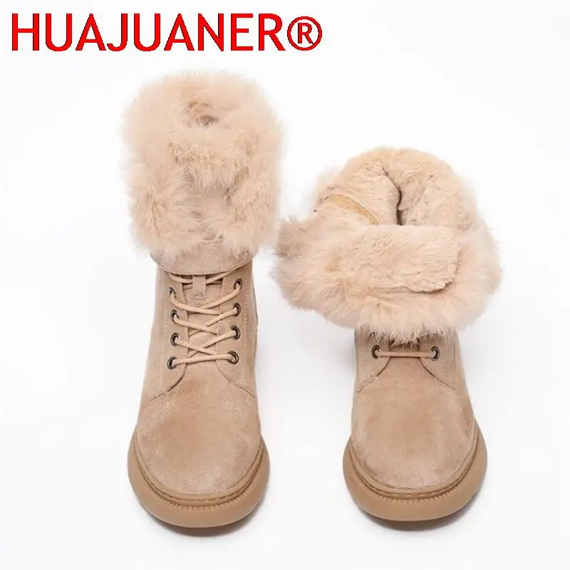 

HUAJUANER Women Boots Suede Leather Women Flat platform Mid-Calf Boots Ladies Shoes Fashion Winter Plush Fur warm Boots 34-43