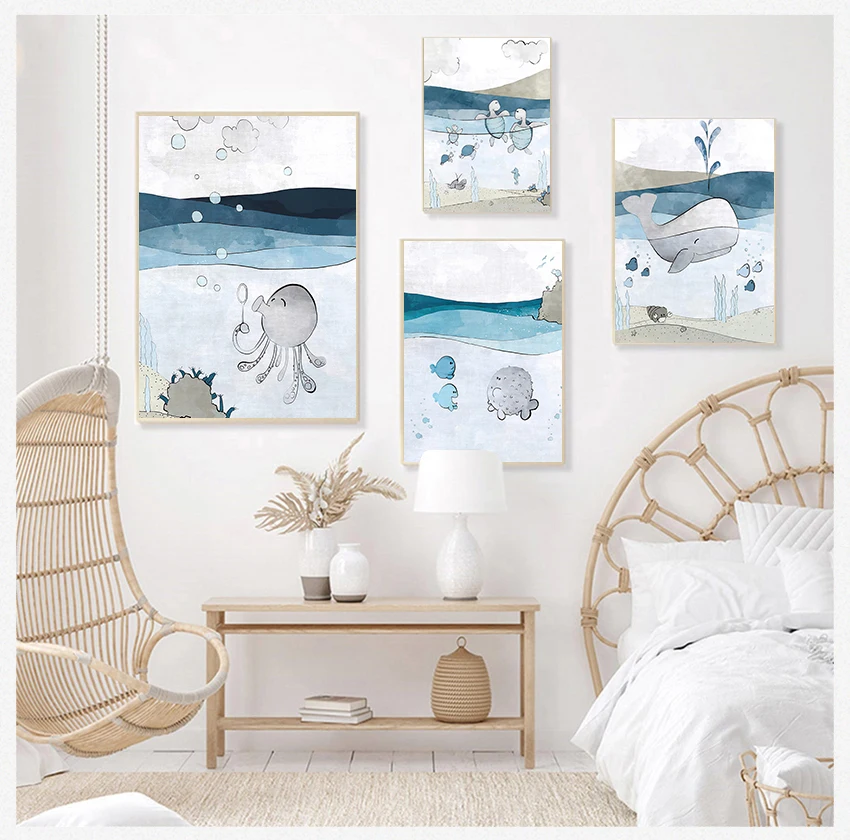 

Мультяшные скандинавские плакаты и принты, настенные картины, декор для детской комнаты с девочкой, мальчиком, синим морским Китом, черепаш...