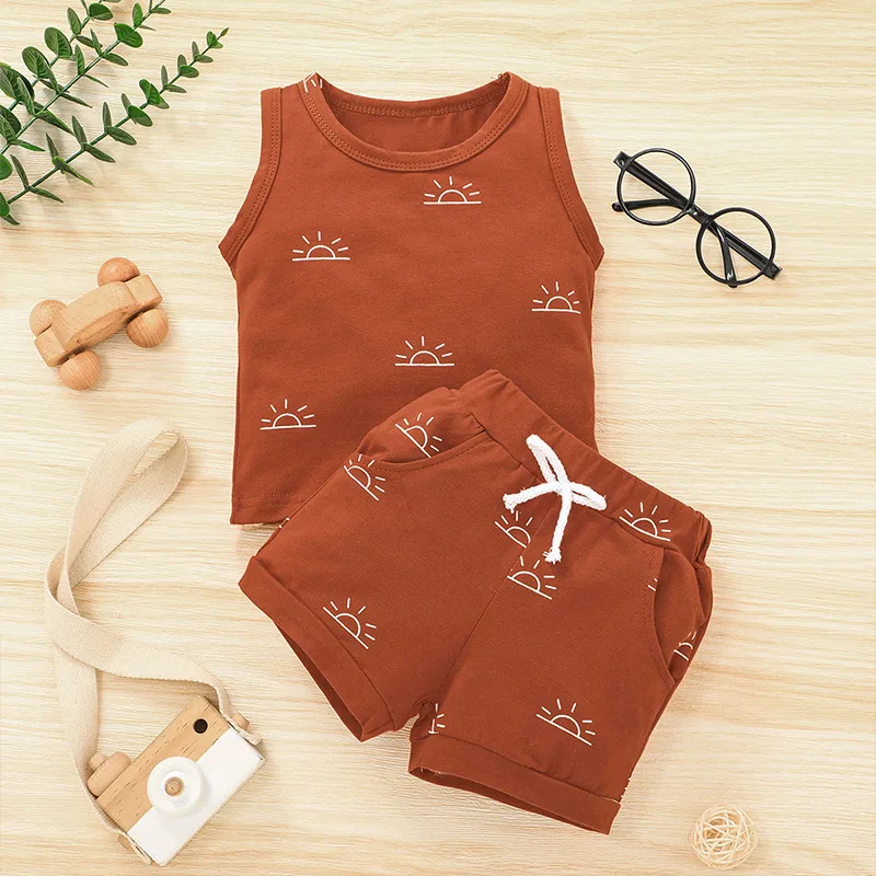 

Newborn Baby Boys Clothes Infant Summer Suit Cotton Solid Sun Print Sleeveless Tops Shorts Casual Clothing 2 PCS Toddler Outfits