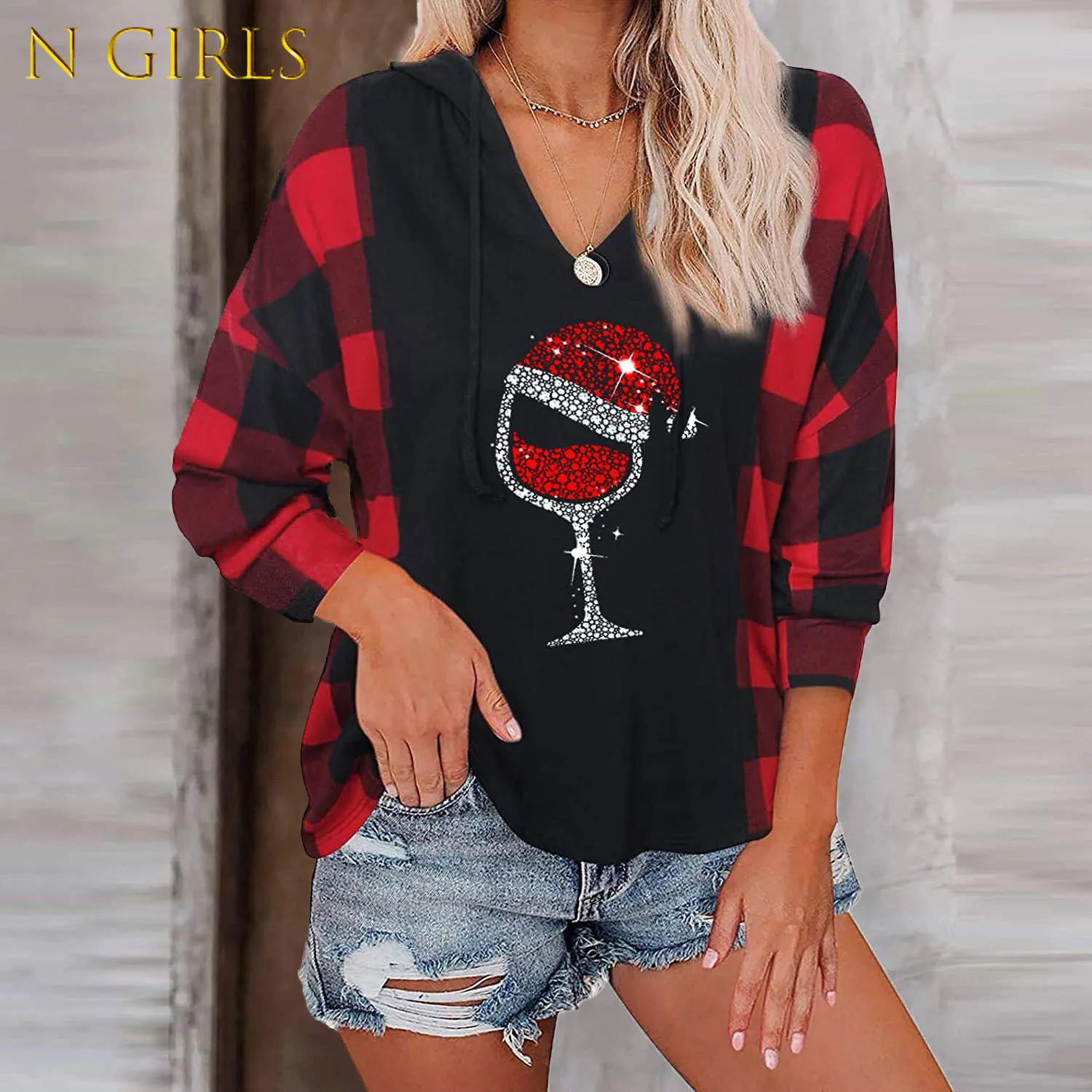 

2021 Harajuku Christmas Halloween Print Women's Hoodies V-neck Long Sleeve Ladies Sweatshirt Loose Casual Female Top 3XL 4XL 5XL