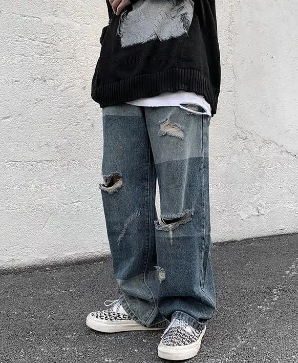 Men's Jeans High Street Retro Color Patchwork Ripped Jeans Men Loose Hiphop Washed Wide-Footed Daddy Pants